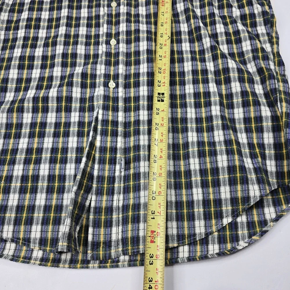 VTG POLO RALPH LAUREN Men L Plaid SEERSUCKER Button-Up‎ Shirt GREEN PONY Golf